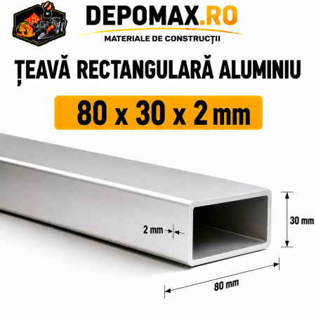 Teava rectangulara aluminiu 80 x 30 x 2 mm, 6 metri (EN AW-6060)
